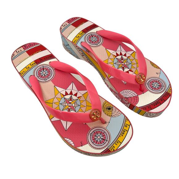 Tory Burch Printed Carved Wedge Flip-flop in Pink Paradise Constellation 8 - Picture 1 of 9